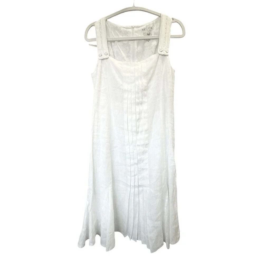 Yuvita White Linen Sleeveless Pleated Short Midi Dress Flowy Coastal Summer 6 - Picture 2 of 7